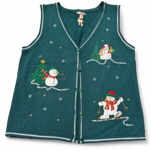 White Stag Christmas Vest XL/XG‎ (16-18) Snowman Embroidered Green Holiday